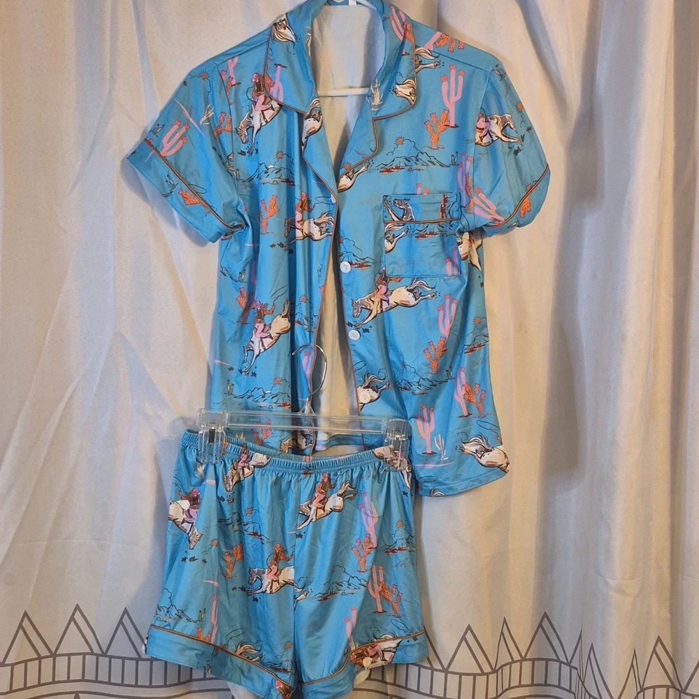 Tourquoise Blue Pajama Set with Horse Print - Picture 2 of 3